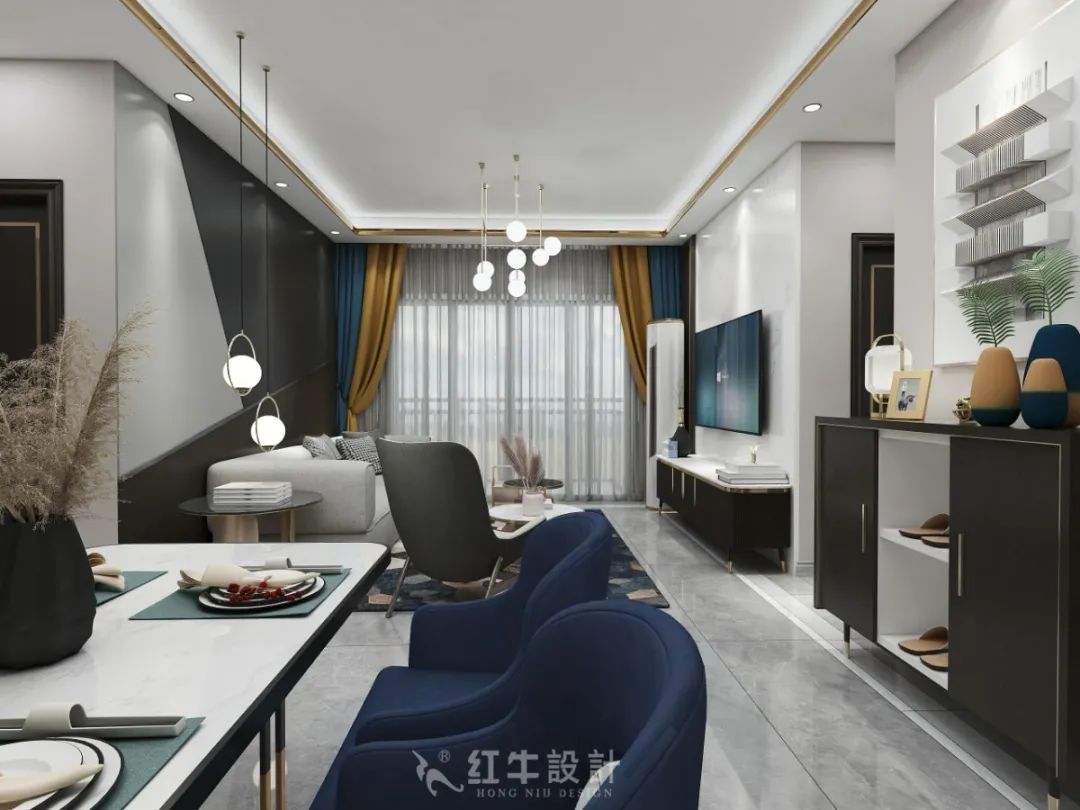 红牛设计--创源龙樾116㎡轻奢风格06效果图欣赏_客餐厅